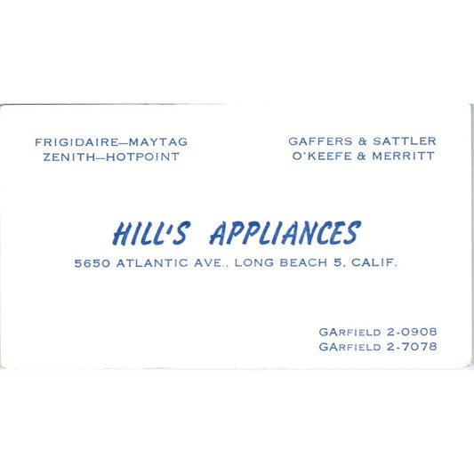 Hill's Appliances Long Beach CA Vintage Business Card SE3-B6