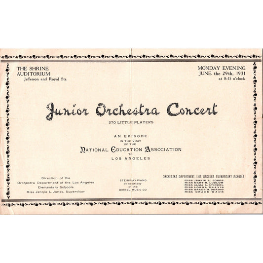 1931 Los Angeles Schools Junior Orchestra Concert Program Shrine Auditorium K23