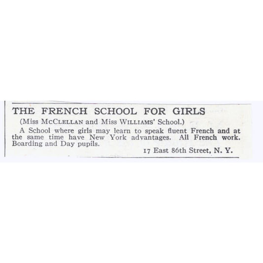 Miss McClellan & Miss Williams French Girls School NY 1918 Advertisement AE5-SA7