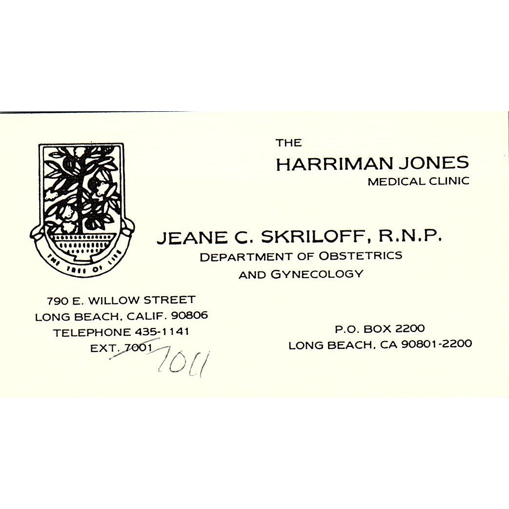 Harriman Jones Medical Clinic, Jeane C. Skriloff, R.N.P, CA Business Card Sf3-B8