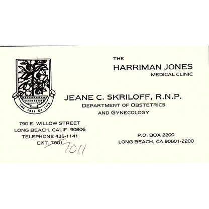 Harriman Jones Medical Clinic, Jeane C. Skriloff, R.N.P, CA Business Card Sf3-B8