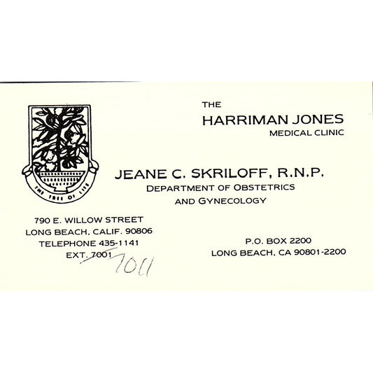 Harriman Jones Medical Clinic, Jeane C. Skriloff, R.N.P, CA Business Card Sf3-B8