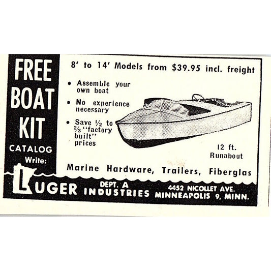 Boat Kit - Luger Industries - Minneapolis MN 1955 Ad AF9-S7