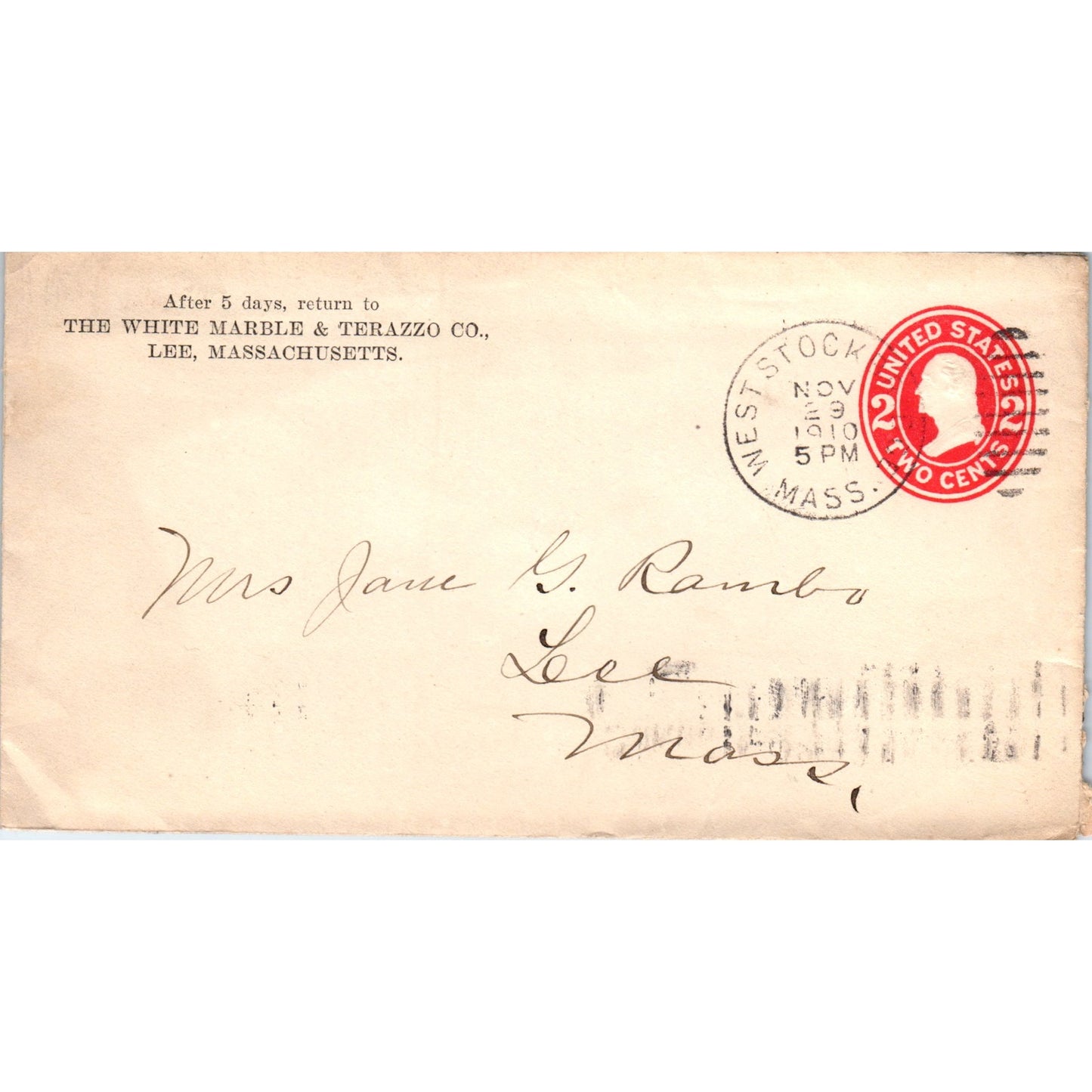 1910 White Marble & Terrazzo Co Lee MA Postal Cover Envelope TG7-PC2