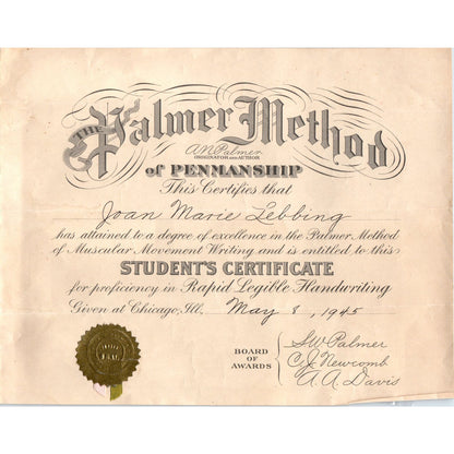 1945 Palmer Method of Penmanship Certification Joan Marie Lebbing AB9