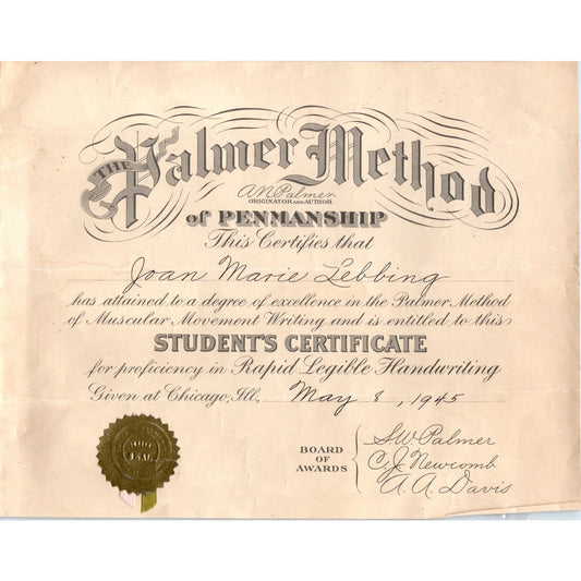 1945 Palmer Method of Penmanship Certification Joan Marie Lebbing AB9