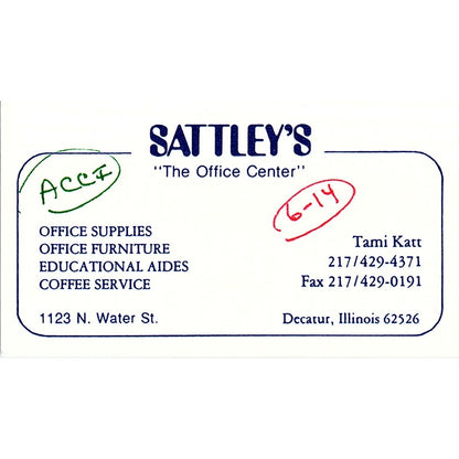 Sattley's Office Center Decatur IL Tami Katt Vintage Business Card SC9-B9