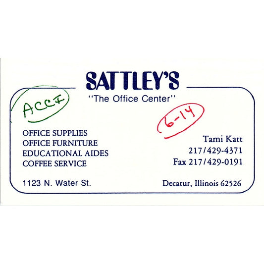 Sattley's Office Center Decatur IL Tami Katt Vintage Business Card SC9-B9