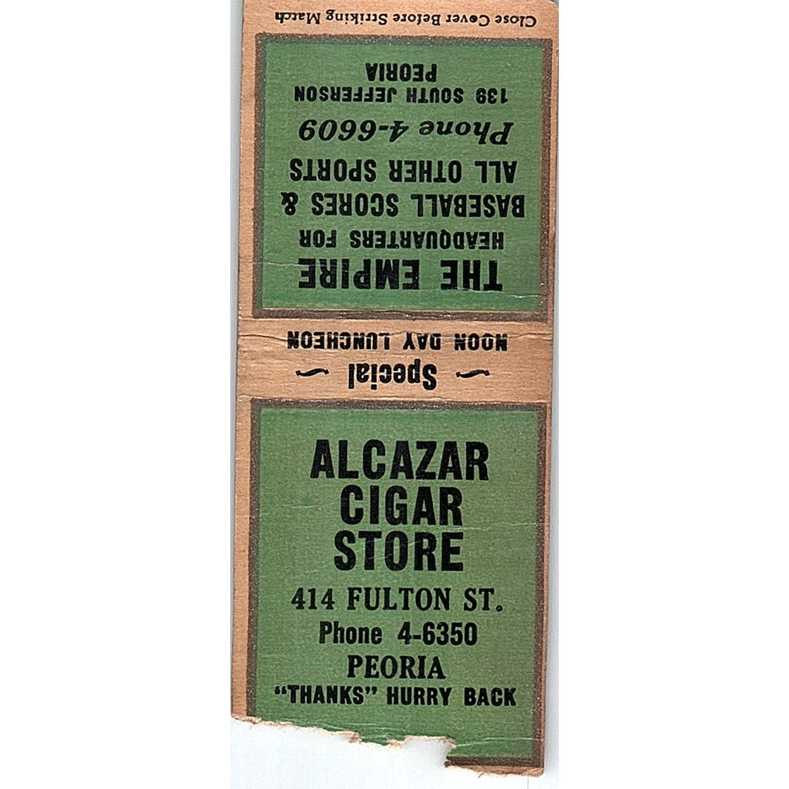 Alcazar Cigar Store 414 Fulton St Peoria IL Vintage Matchbook Cover SC7-Y11