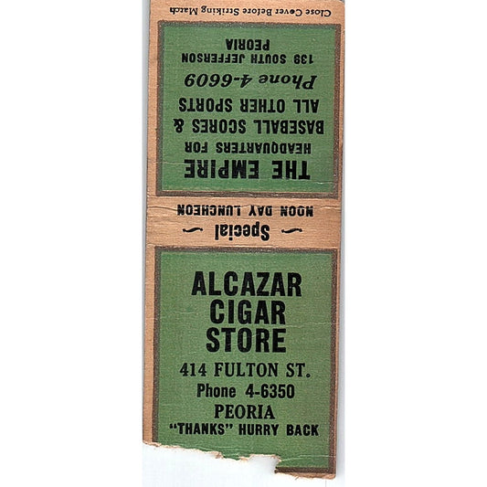 Alcazar Cigar Store 414 Fulton St Peoria IL Vintage Matchbook Cover SC7-Y11