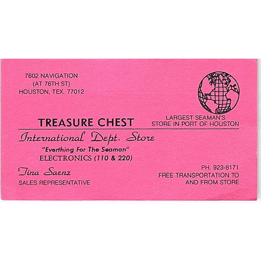 Treasure Chest Tina Saenz Houston Texas Vintage Business Card SB4-B8