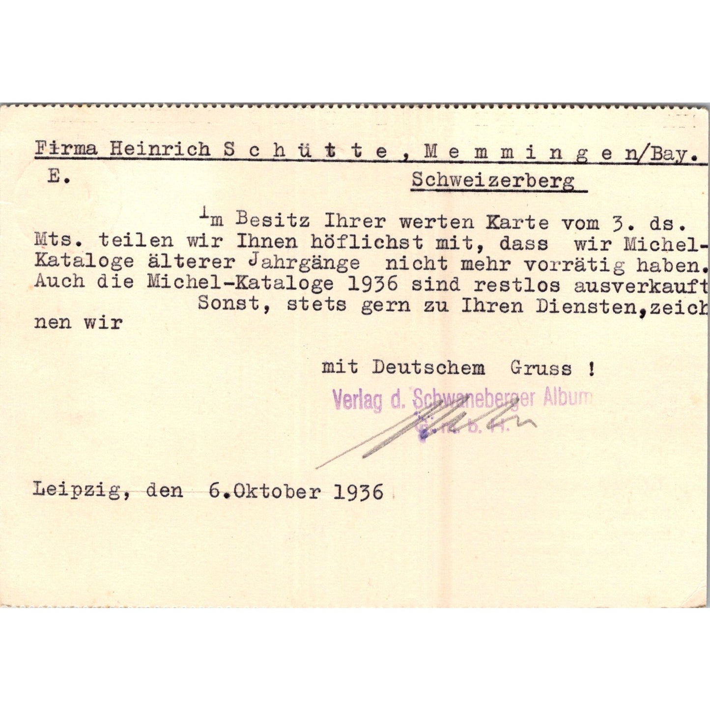 Heinrich Schütte Verlag Des Schwaneberger Leipzig 1936 German Postcard P5-12