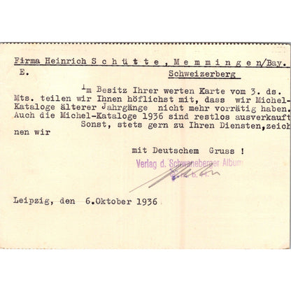 Heinrich Schütte Verlag Des Schwaneberger Leipzig 1936 German Postcard P5-12