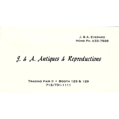 J&A Everard Antiques & Reproductions Houston TX Vintage Business Card SE3-B16