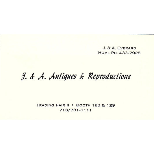 J&A Everard Antiques & Reproductions Houston TX Vintage Business Card SE3-B16