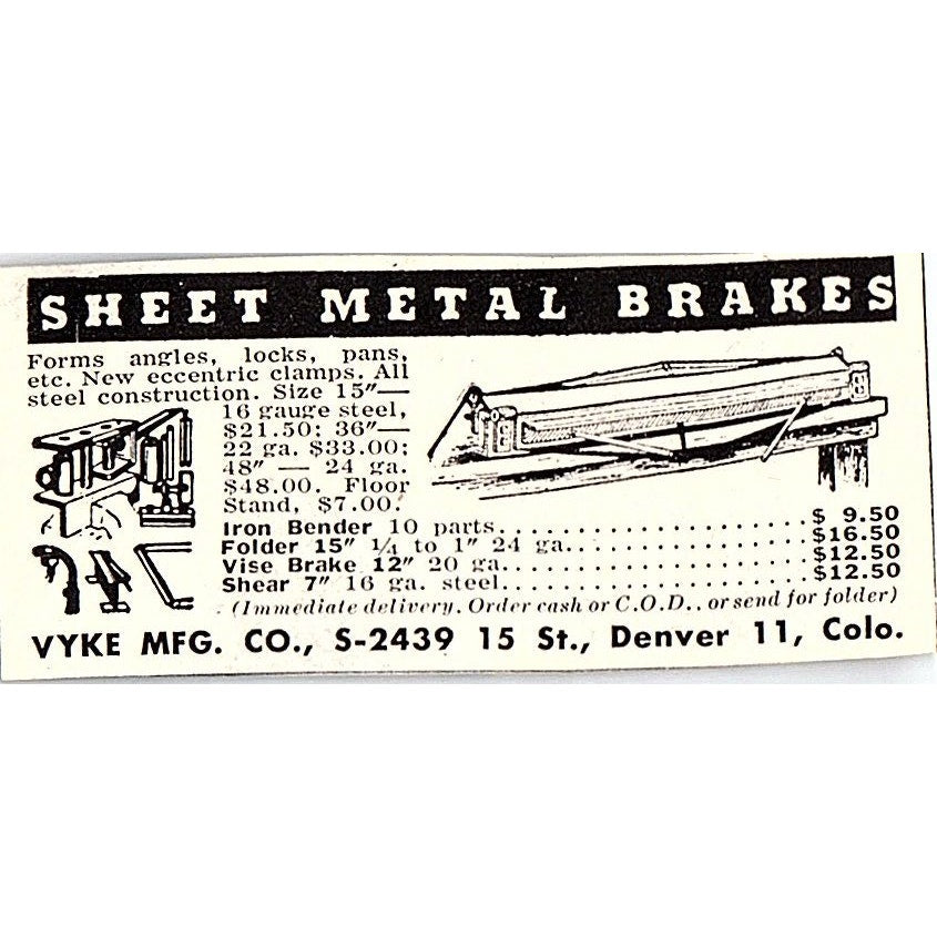 Sheet Metal Brakes - Vyke Mfg Co Denver CO 1955 Ad AF9-S2