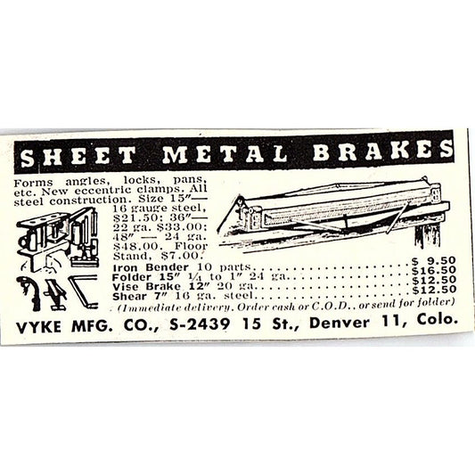 Sheet Metal Brakes - Vyke Mfg Co Denver CO 1955 Ad AF9-S2