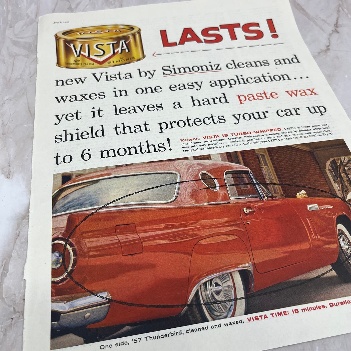 1957 Simoniz Vista Car Wax 57 Thunderbird 10x13 Magazine Advertisement FL6-7