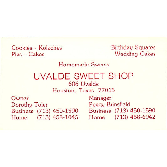 Dorothy Toler Uvalde Sweet Shop Houston Vintage Business Card SD9-B6