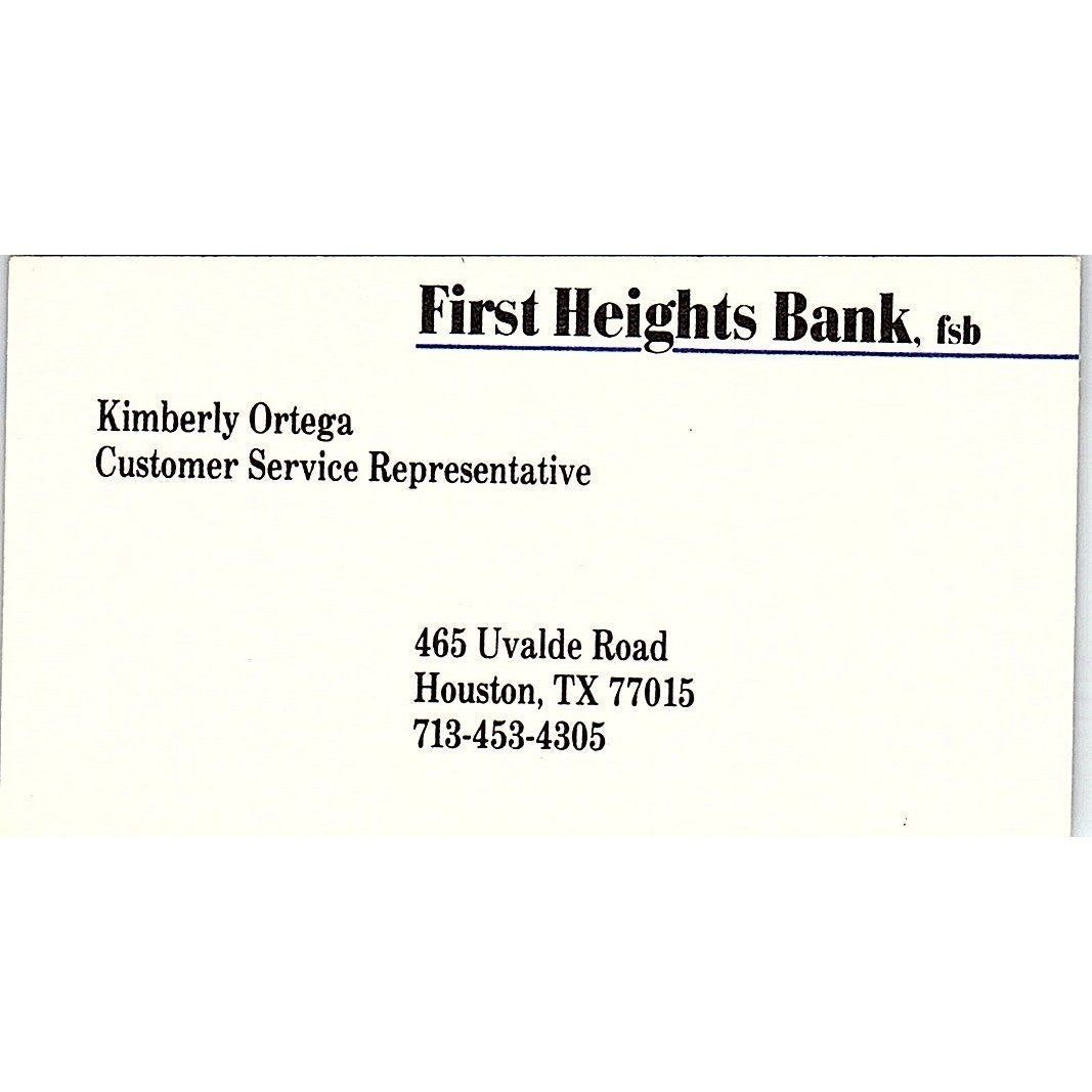 Kimberley Ortega First Heights Bank Houston Vintage Business Card SD9-B7