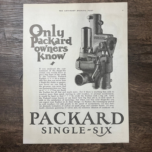 1924 Packard Single-Six Motor Car Fuelizer Engine Vintage Magazine Ad 11x14 V9