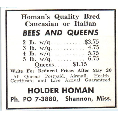 Bees and Queens Holder Homan Shannon MS 1961 Magazine Ad AK6-S12