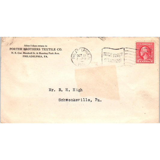 1921 Porter Brothers Textile Co Philadelphia Postal Cover Envelope TG7-PC3