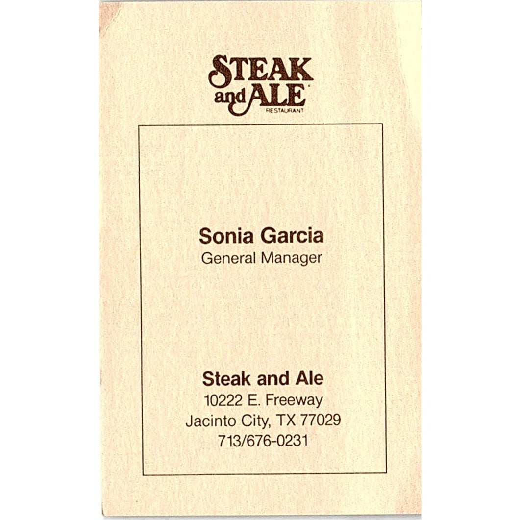 Sonia Garcia Steak & Ale Jacinto City TX Vintage Business Card SD9-B14