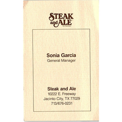 Sonia Garcia Steak & Ale Jacinto City TX Vintage Business Card SD9-B14