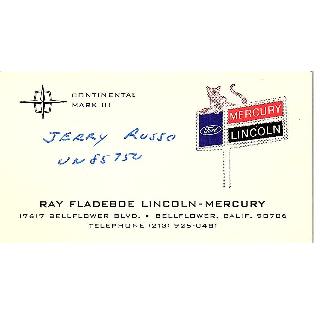 Ray Fladeboe Lincoln Mercury Jerry Russo Bellflower CA Vint Business Card SF3-B2