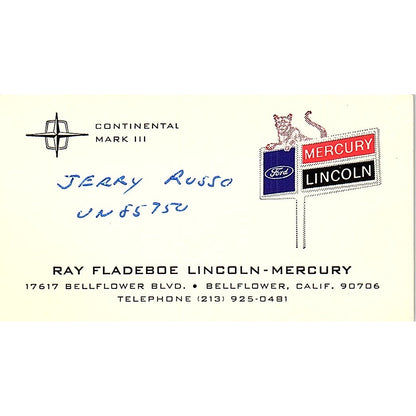 Ray Fladeboe Lincoln Mercury Jerry Russo Bellflower CA Vint Business Card SF3-B2