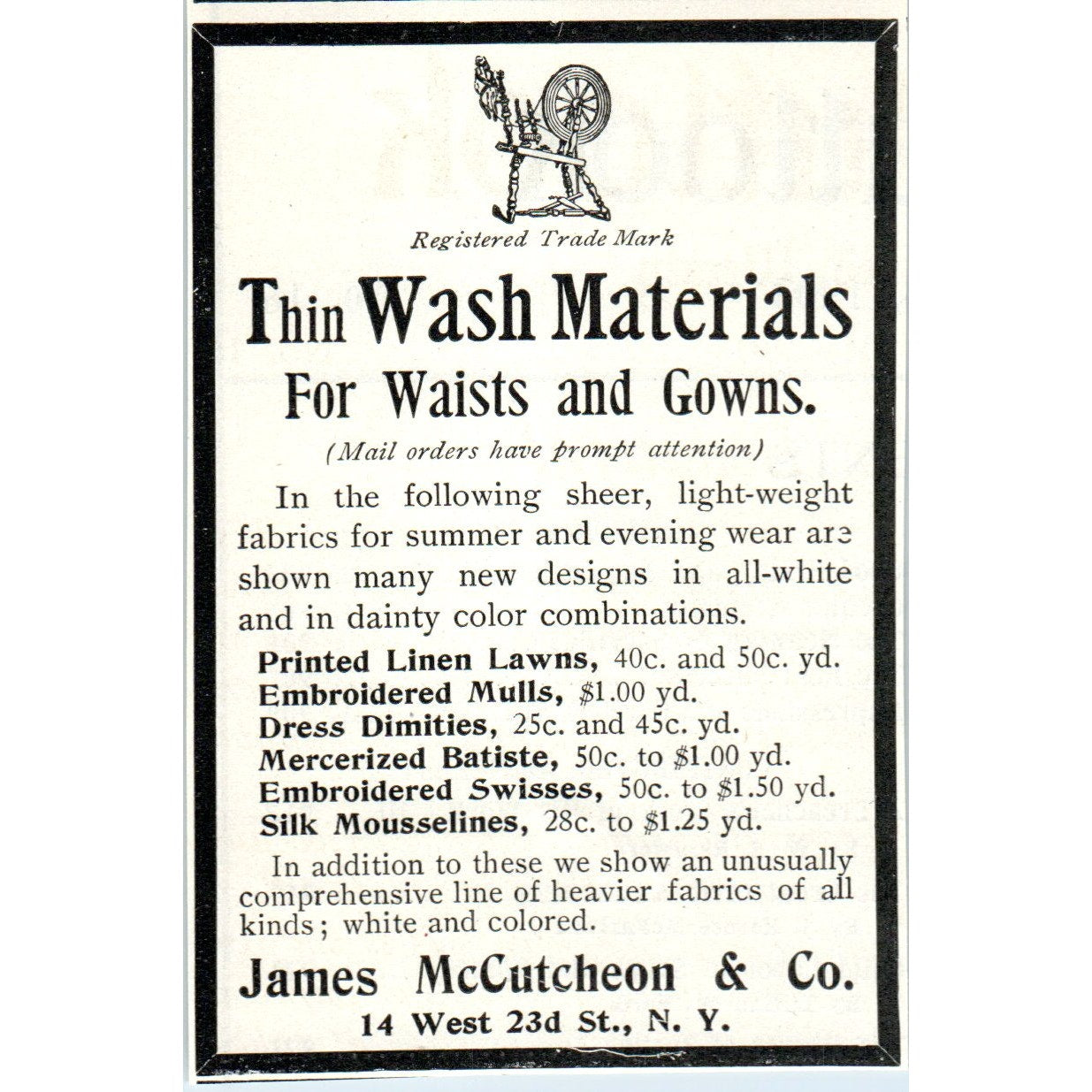 Tim Walsh Materials for Waists and Gowns James McCutcheon & Co NY 1903 Ad AF7-E4