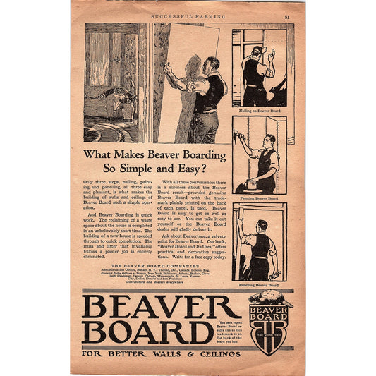 Beaver Board Pure Wood Fibre for Walls & Ceilings NY 1920 Ad V1-3