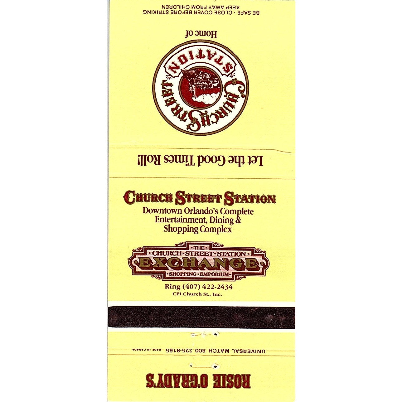 Church Street Station Rosie O'Grady's Orlando FL Vintage Matchbook MM4-10