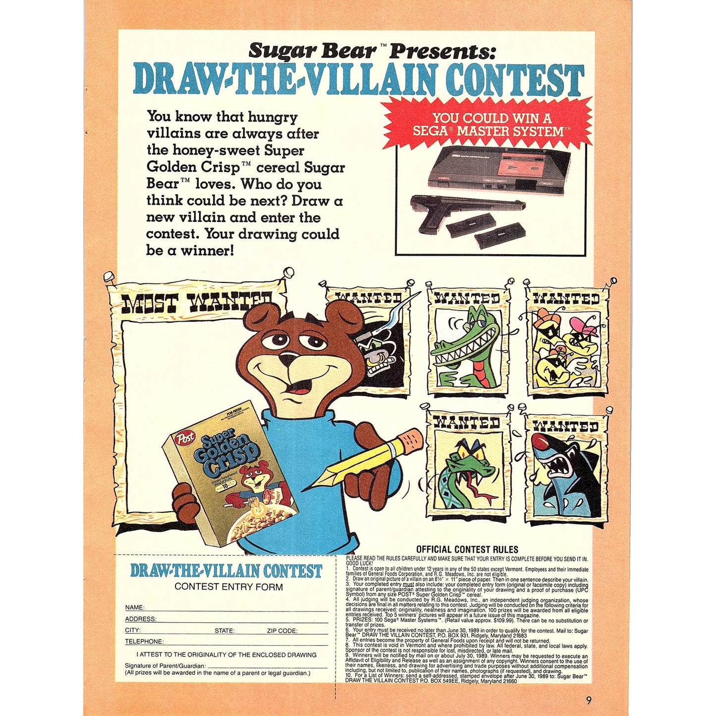 Super Golden Crisp Sugar Bear Draw-The-Villain Contest Sega 1989 Ad AF3-1