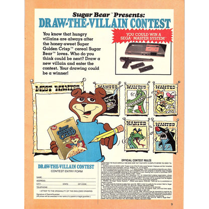 Super Golden Crisp Sugar Bear Draw-The-Villain Contest Sega 1989 Ad AF3-1