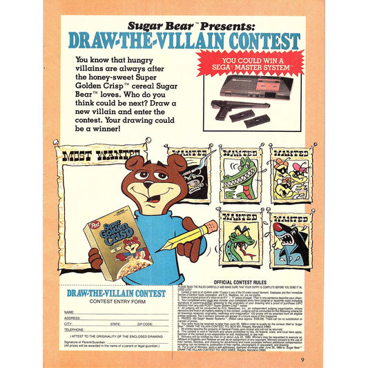 Super Golden Crisp Sugar Bear Draw-The-Villain Contest Sega 1989 Ad AF3-1