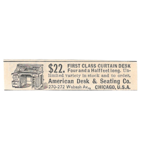 First Class Curtain Desk American Desk & Seating Co Chicago 1892 Ad AK6-S4