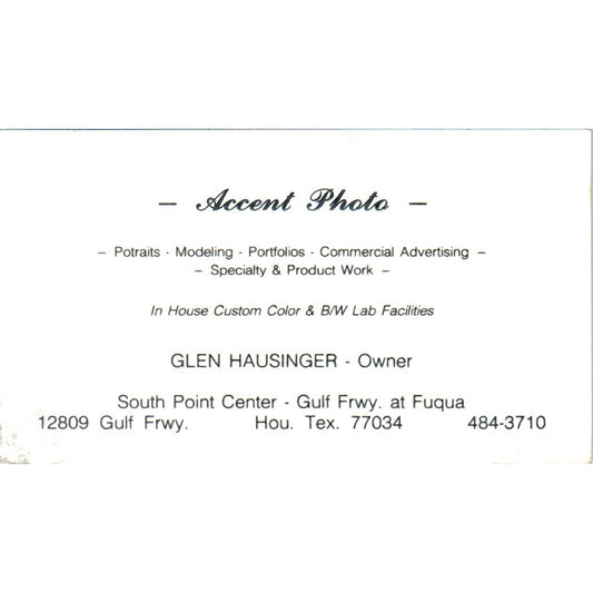Accent Photo Glen Hausinger Houston TX Vintage Business Card SD8-B17