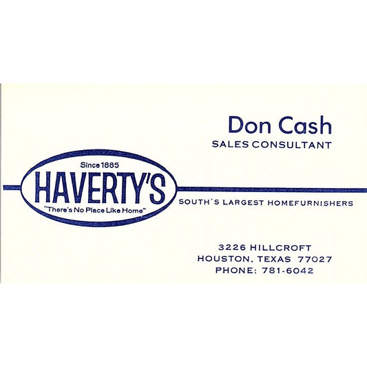 Haverty's Homefurnishers Don Cash Houston TX Vintage Business Card SF3-B2
