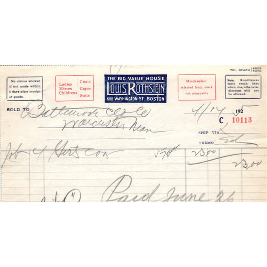 Louis Rothstein Value House Boston 1925 Original Billhead Letterhead Receipt D8-LL