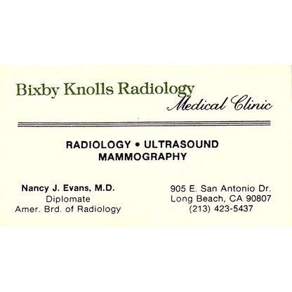 Nancy J Evans MD Bixby Knolls Radiology Long Beach Vintage Business Card SD9-B11