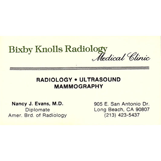 Nancy J Evans MD Bixby Knolls Radiology Long Beach Vintage Business Card SD9-B11