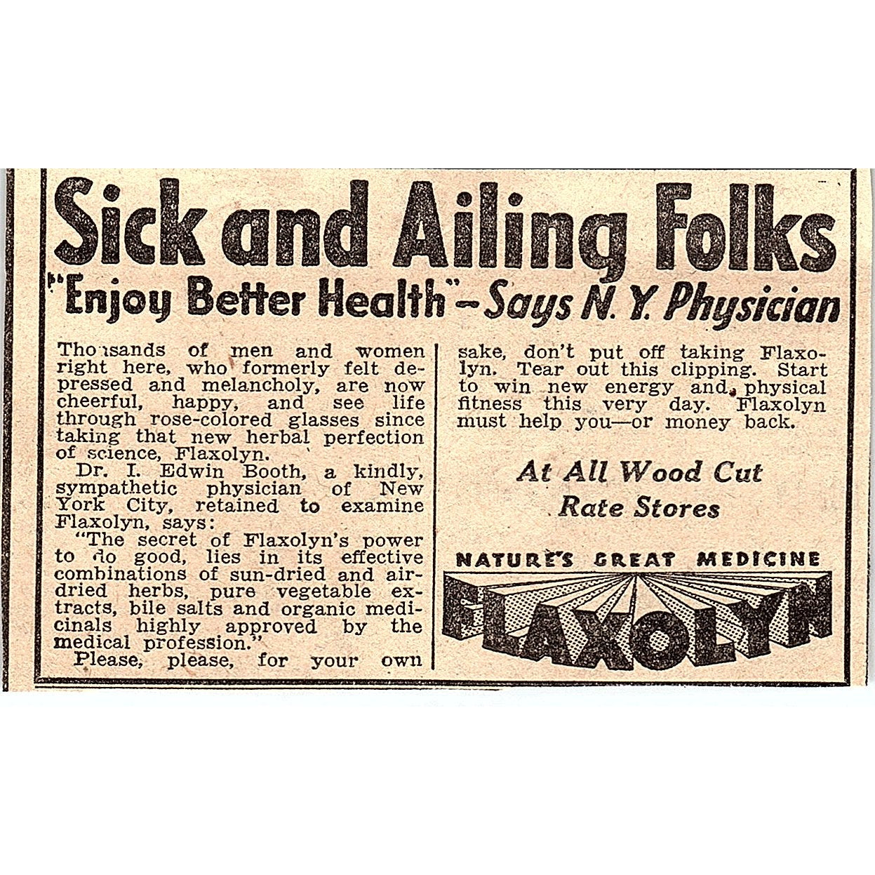 Flaxolyn for Sick and Ailing Folks Dr. I Edwin Booth Philadelphia 1931 Ad AG3-M2