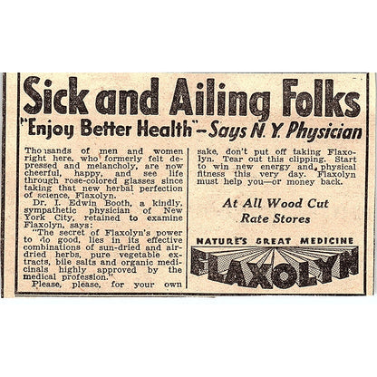 Flaxolyn for Sick and Ailing Folks Dr. I Edwin Booth Philadelphia 1931 Ad AG3-M2