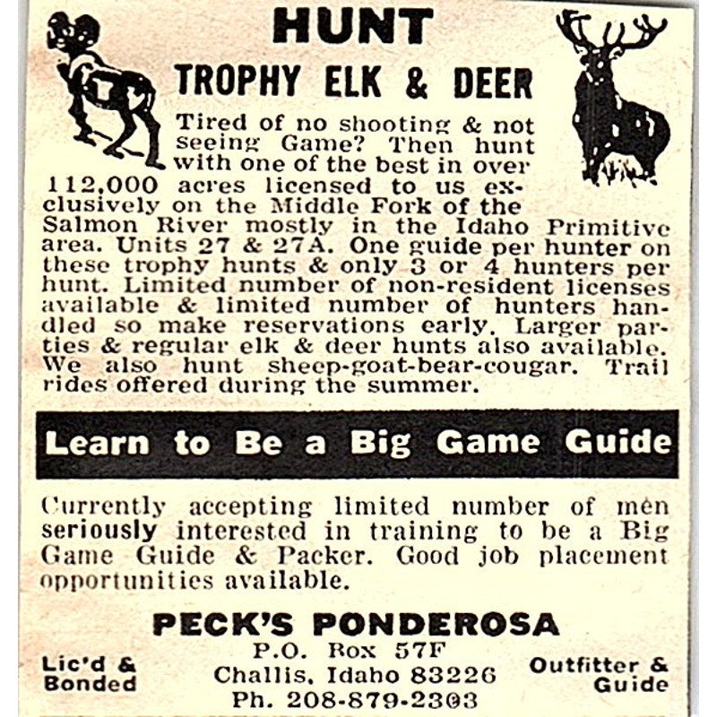 Hunt Trophy Elk & Deer Peck's Ponderosa Challis ID 1977 Ad AF6-M3