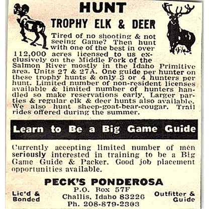 Hunt Trophy Elk & Deer Peck's Ponderosa Challis ID 1977 Ad AF6-M3