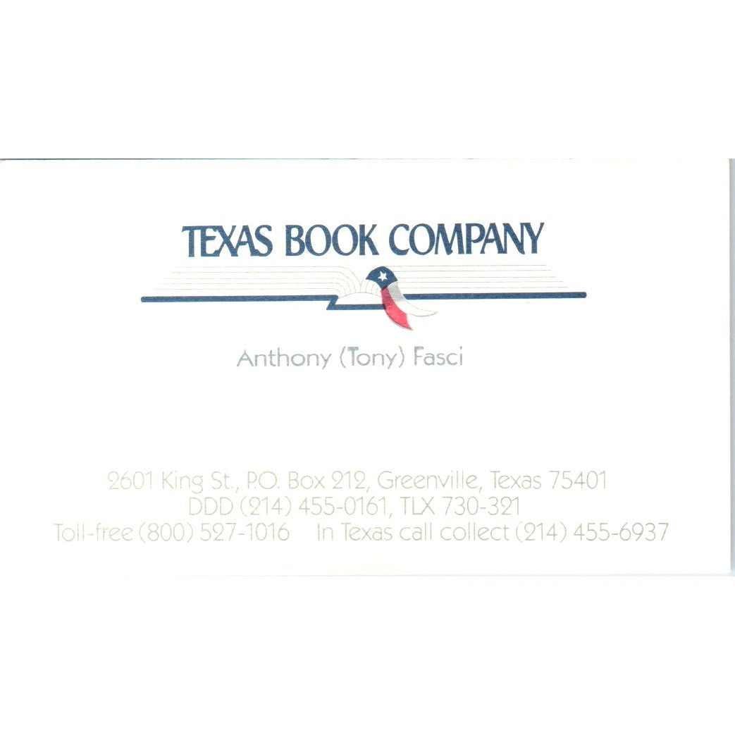 Texas Book Company Anthony Fasci Greenville TX Vintage Business Card SD8-B20
