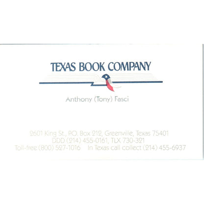 Texas Book Company Anthony Fasci Greenville TX Vintage Business Card SD8-B20