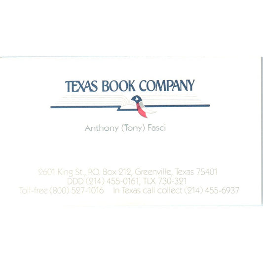 Texas Book Company Anthony Fasci Greenville TX Vintage Business Card SD8-B20